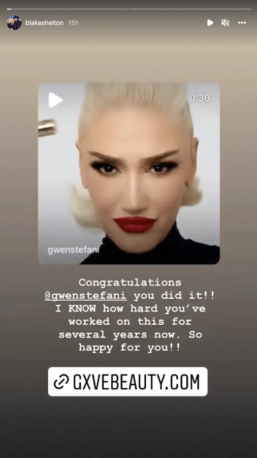 Blake Shelton's Shout-Out To Gwen Stefani [Credit: Blake Shelton/Instagram Stories]