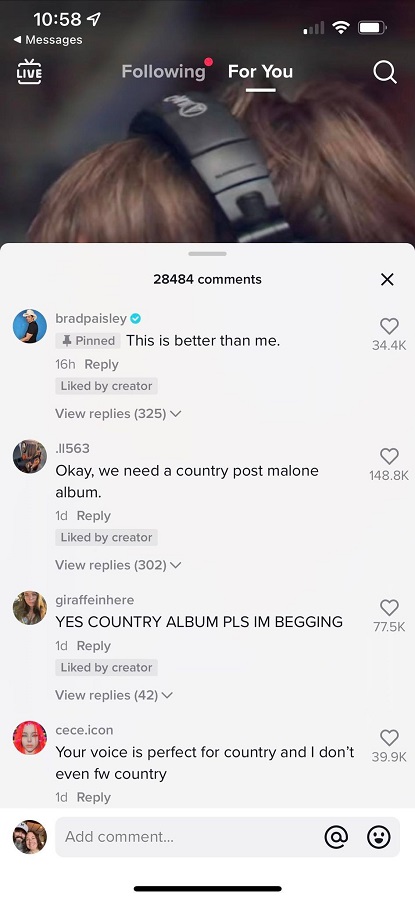 Brad Paisley Praise Post Malone [Screenshot | TikTok]