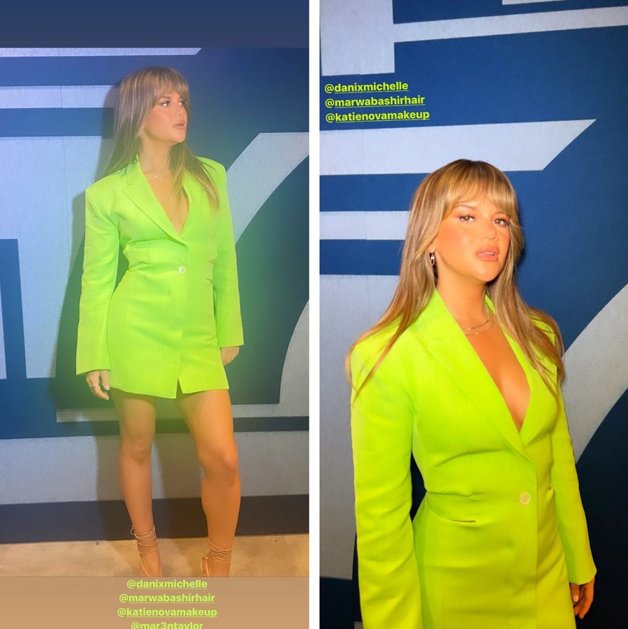 Maren Morris Braless In Neon Green Blazer Dress [Maren Morris | Instagram Stories]