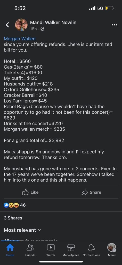 Morgan Wallen refund request