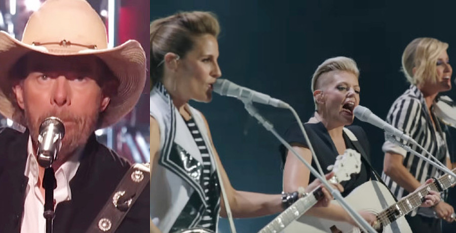 A photo collage of two photos. One photo is of a man in a cowboy hat in front of a microphone. The other photo is three women singing.